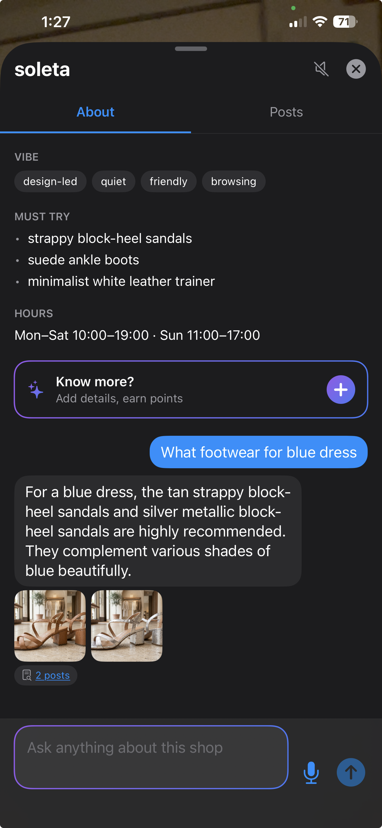 Auggle app showing a shop profile and AI answer to a footwear question