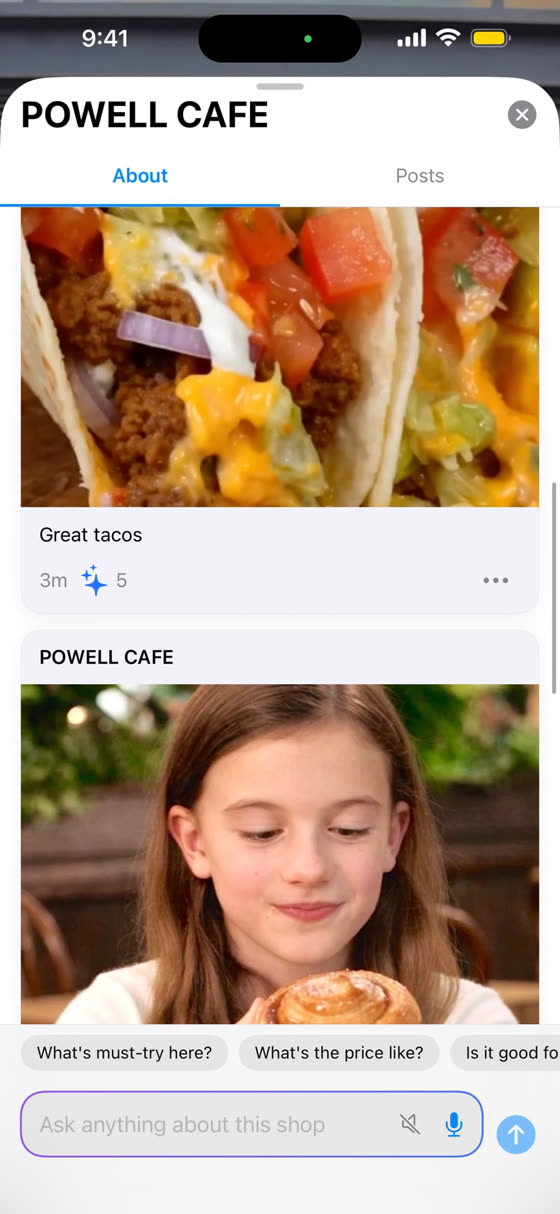 A cafe's feed in Auggle showing posts from visitors